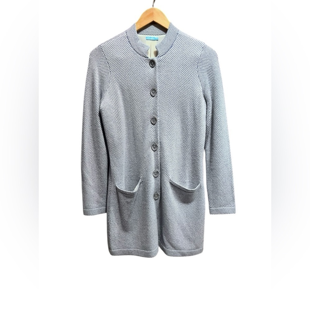 J. McLaughlin blue white herringbone cashmere jacket Sz Small - Picture 1 of 5
